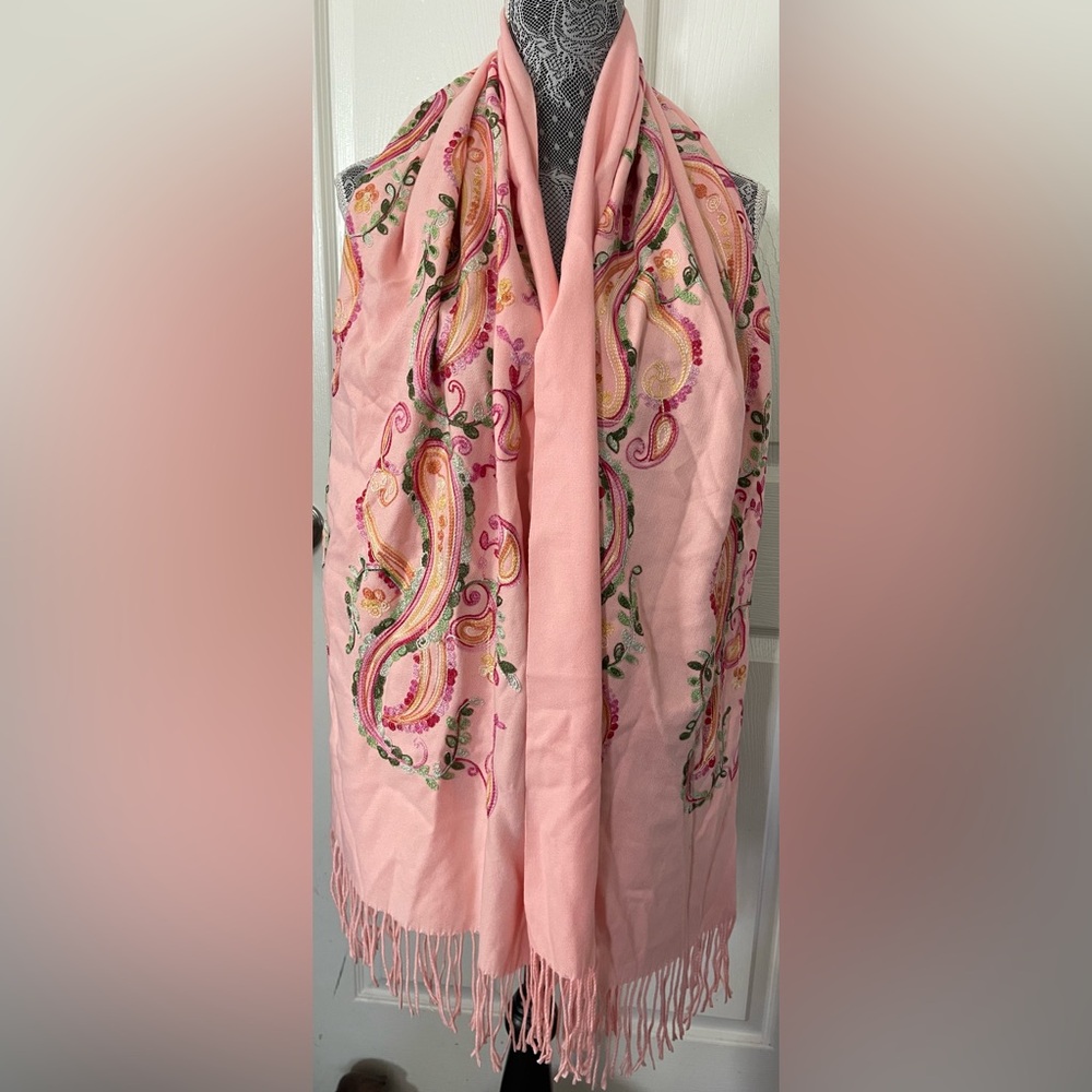Pink Embroidered Paisley Long Scarf Fringe Soft Spring Easter